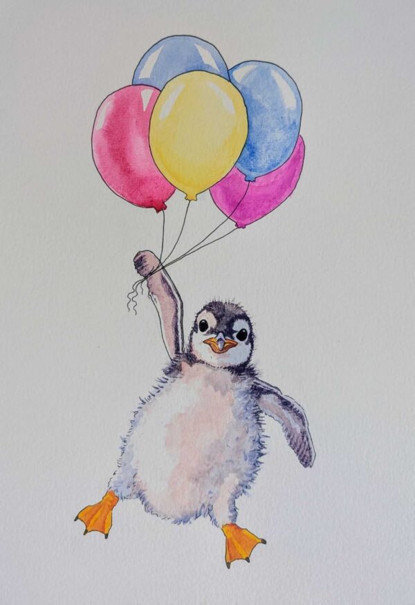 Birthday Card: Penguin with Balloons